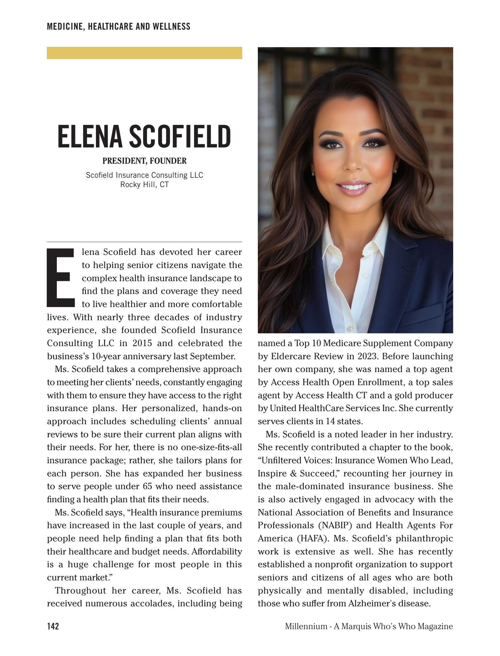 Elena Scofield in an article featured in Millennium Magazine, 23rd Edition